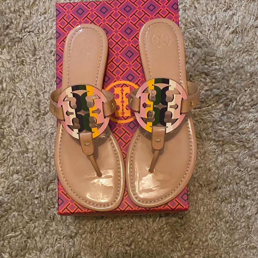Tory Burch MILLER Printed Patent Leather in Pastel Rainbow and Natural Vachetta